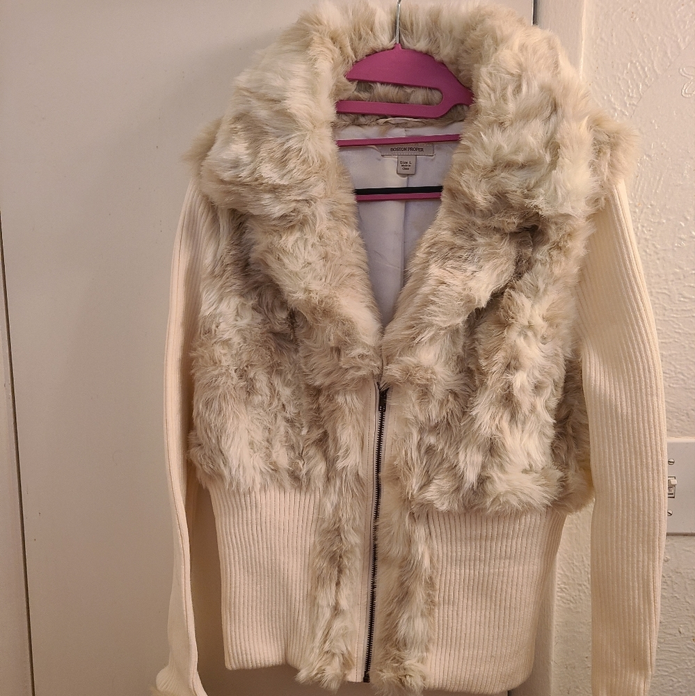 Beige,  faux fur sweater w zipper from Boston Proper